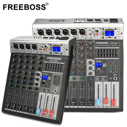 Freeboss ADM-GBR6 Series 48V Phantom Power Repaeat Effect USB Function Bluetooth Karaoke DJ Console 99 DSP Mixer Audio 6 Channel